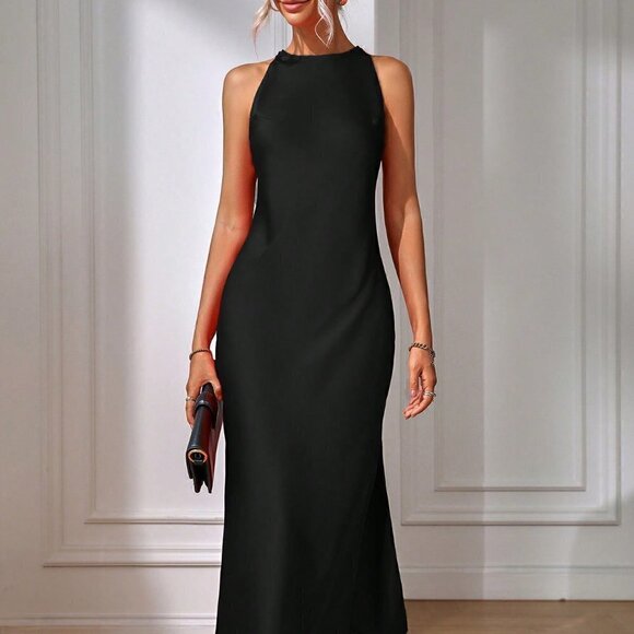 Black Preppy Womens Solid Split Thigh Dress - Picture 1 of 5